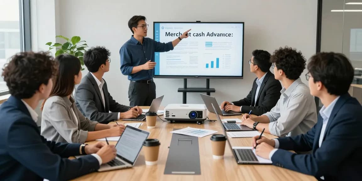 Collaborative team discussing how to get a merchant cash advance in a modern office.