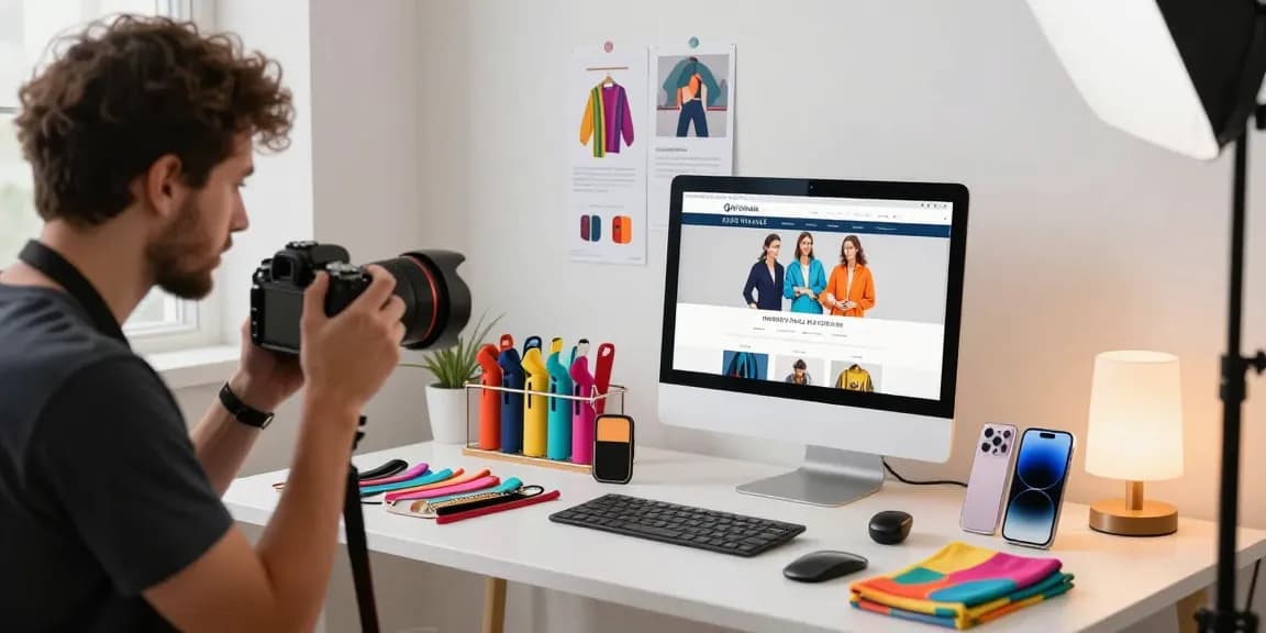Fotografo professionista che cattura servizi fotografici ecommerce in uno studio vibrante, migliorando le immagini dei prodotti per il retail online.