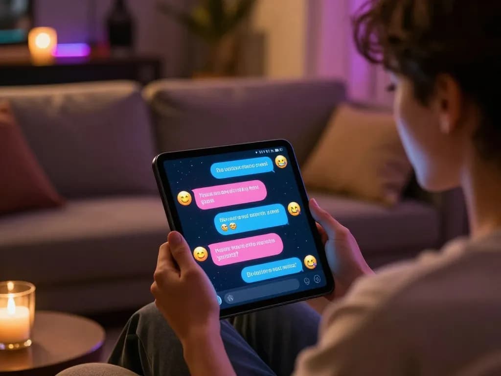 Engaging in an NSFW AI chat experience with a virtual character, showcasing vivid dialogues and emojis in a cozy lounge setting.