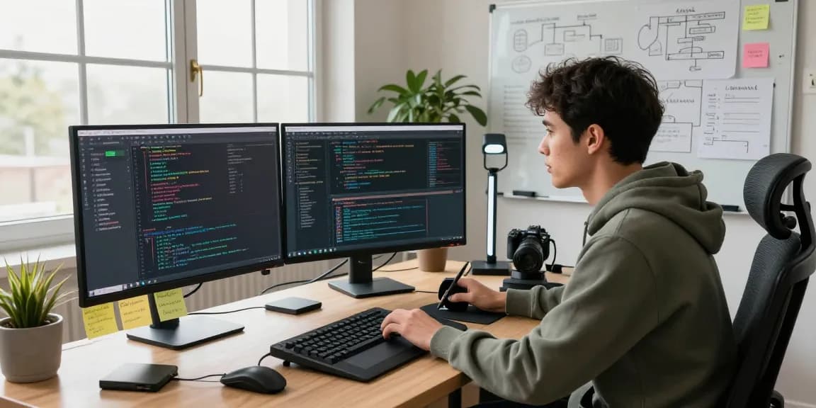 Developer in a modern workspace focusing on coding in WPS Official Website tools with high-tech setup.