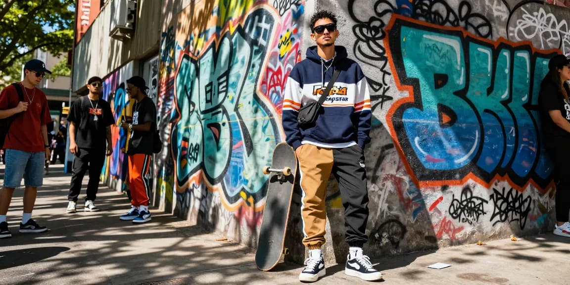 Felpa Trapstar shooters elegante mostrata su un influencer urbano in una vivace scena di moda street.