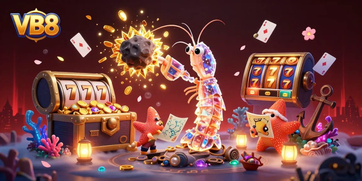 VB8 offers immersive gaming with vibrant characters and sparkling treasures in a dynamic casino illustration.