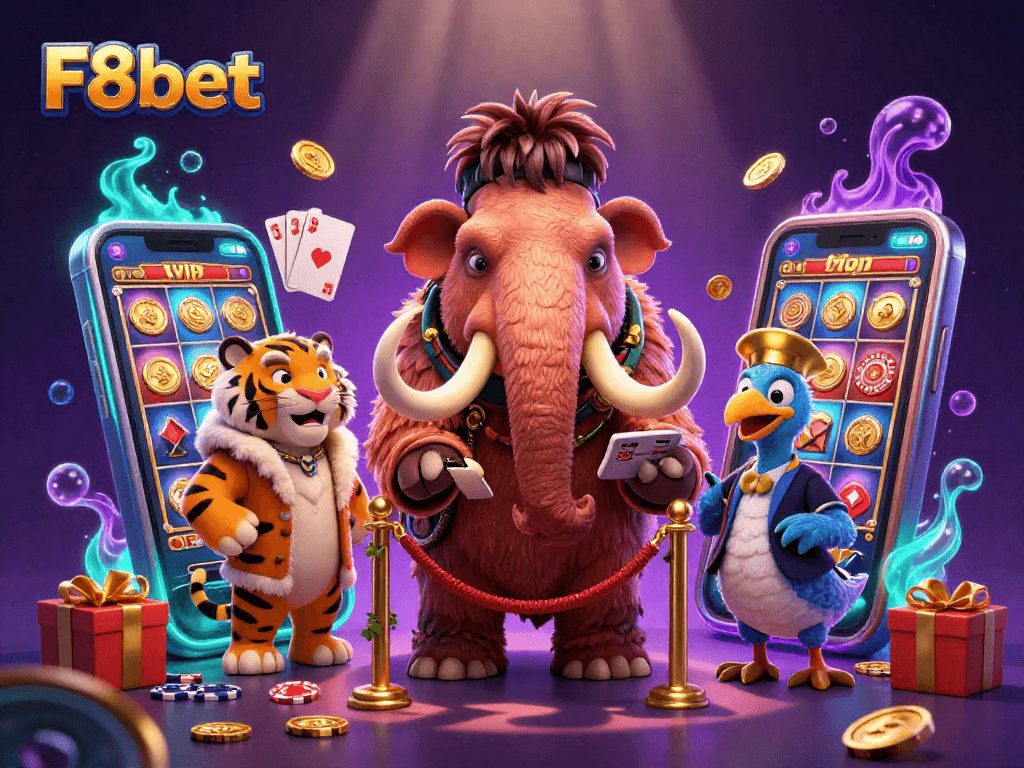 Experience F8bet with a vibrant scene featuring a mammoth bouncer and animated gaming elements.