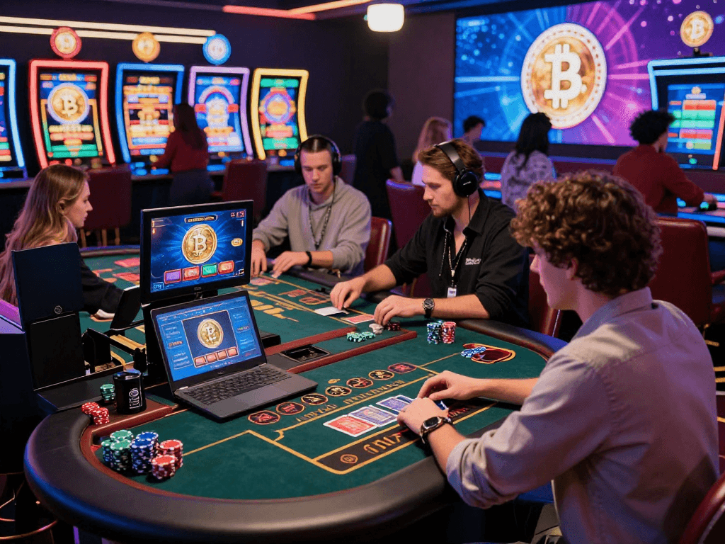 Exciting crypto casino scene with players enjoying games and vibrant digital elements
