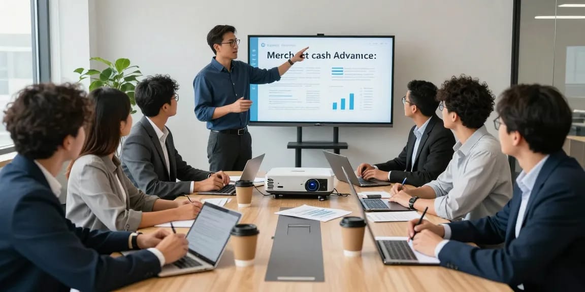 Collaborative team discussing how to get a merchant cash advance in a modern office.