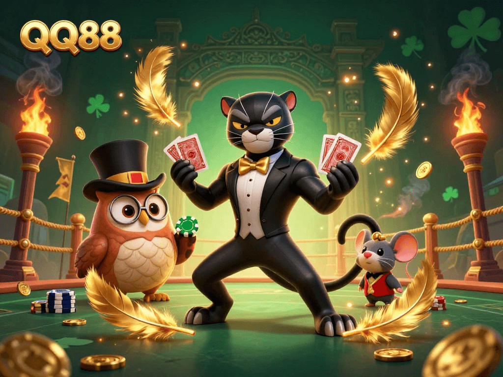 Engage with QQ88's vibrant casino scene featuring a stylish black panther and cartoon characters in a dynamic gaming atmosphere.