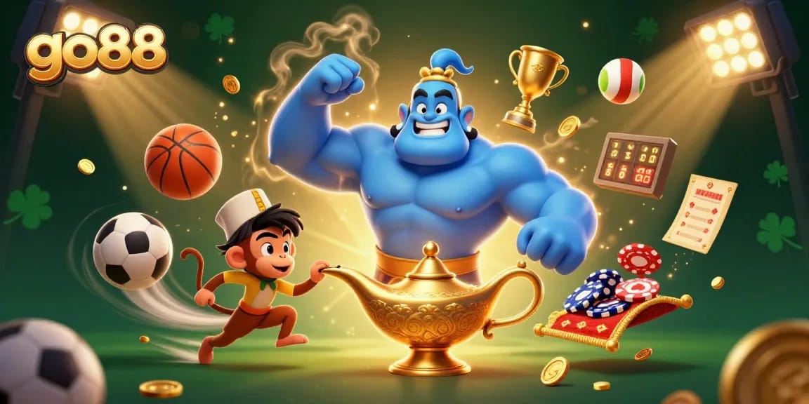 Go88 offers an exciting gambling atmosphere with a genie and sports-themed casino elements.