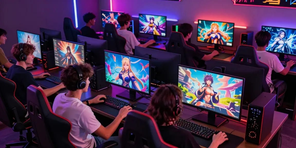 Engaged gamers playing diverse hentai games in a vibrant gaming environment.