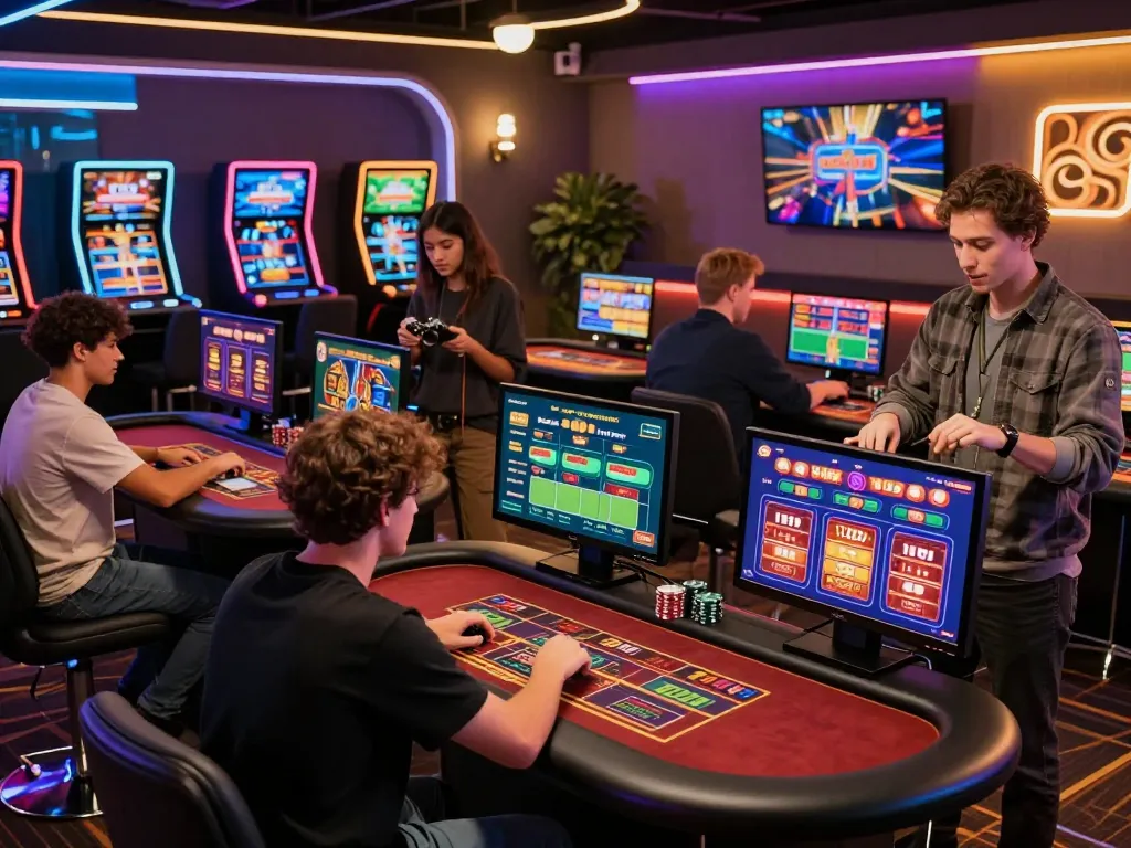 Gen Z players immersed in online gambling experience at NK88, showcasing vibrant casino atmosphere.