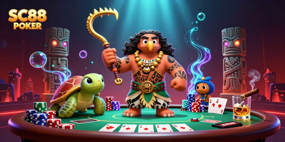 Engage in SC88 POKER with a vibrant illustration featuring dynamic characters around a full poker table.