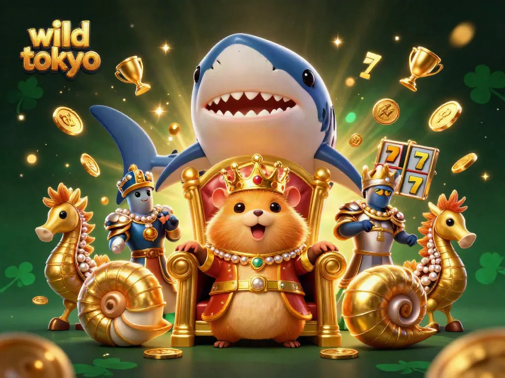 Experience thrilling gameplay with wild tokyo's golden hamster king surrounded by slot reels and sparkling treasures.