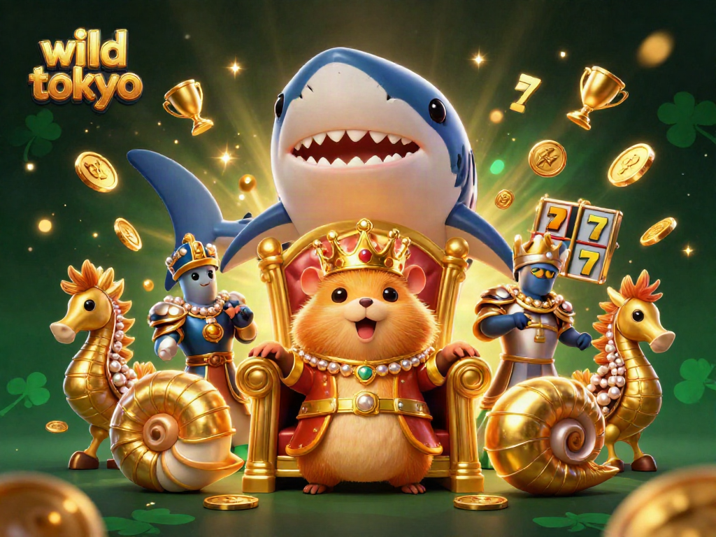 Experience thrilling gameplay with wild tokyo's golden hamster king surrounded by slot reels and sparkling treasures.