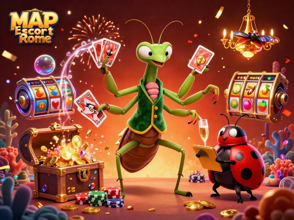 Engage in thrilling gameplay at MAP Escort Rome with lively illustrations of slot machine excitement.