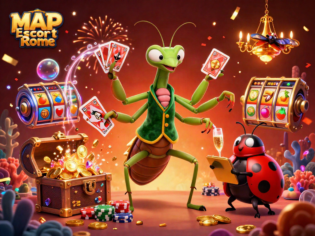 Engage in thrilling gameplay at MAP Escort Rome with lively illustrations of slot machine excitement.