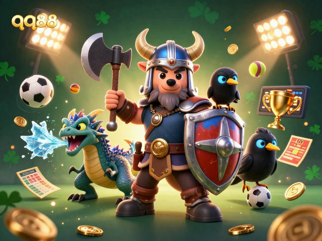 Experience thrilling bets at qq88 with a 3D Viking warrior and dragon amidst dynamic sports elements.