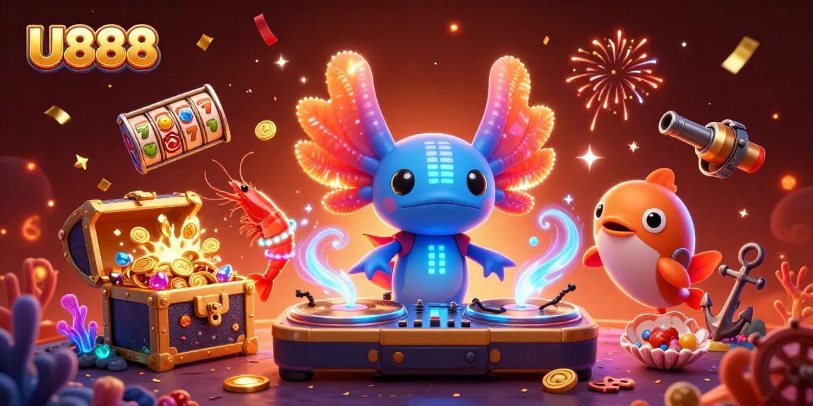 U888's vibrant underwater casino scene with a DJ axolotl spinning reels promoting winning strategies.