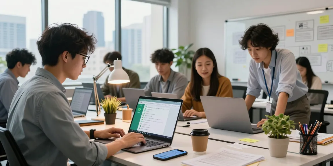 Professional using WhatsApp網頁版 in a modern office environment with a laptop and collaboration tools.