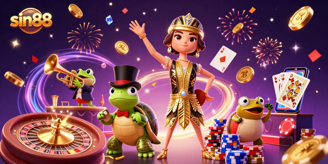 Experience thrilling wins at sin88 with vibrant casino elements and cartoon characters.