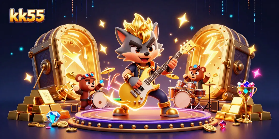 Experience the thrill of kk55 with a rock star wolf and dynamic casino scene filled with gold treasures.