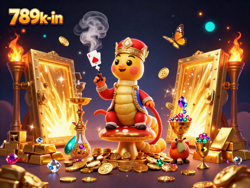 Experience the thrill of 789k-in with a vibrant 3D scene of a caterpillar casino master and dazzling treasures.