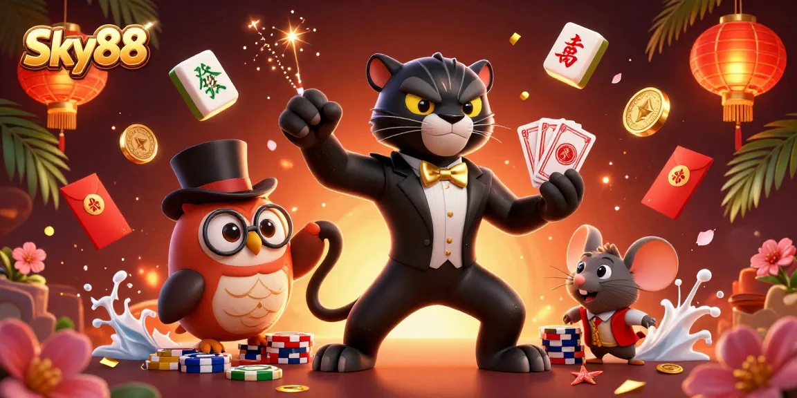Engage in thrilling gameplay at Sky88 with stylish characters and vibrant casino elements.
