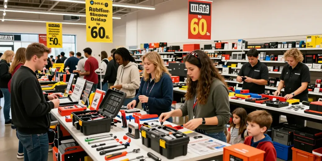 Scena di shopping dinamica per il Black Friday Usag con clienti entusiasti tra attrezzi e sconti.