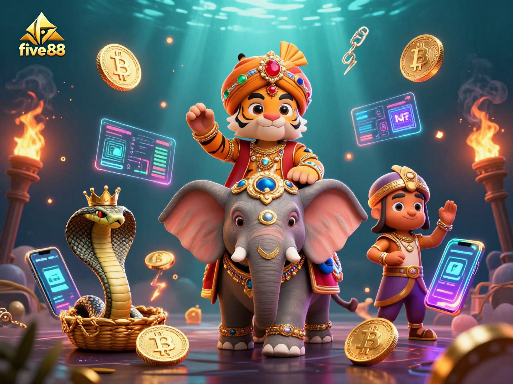 Join the excitement at five 88 with vibrant characters showcasing thrilling casino elements and crypto motifs.
