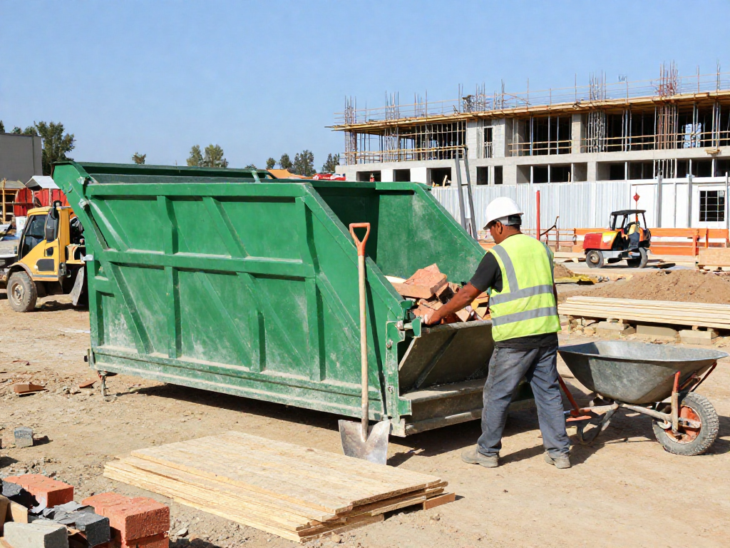 cassoni ribaltabili in azione su cantiere, operatore al lavoro con contenitori verdi multifunzionali, atmosfera produttiva, materiali di costruzione visibili.