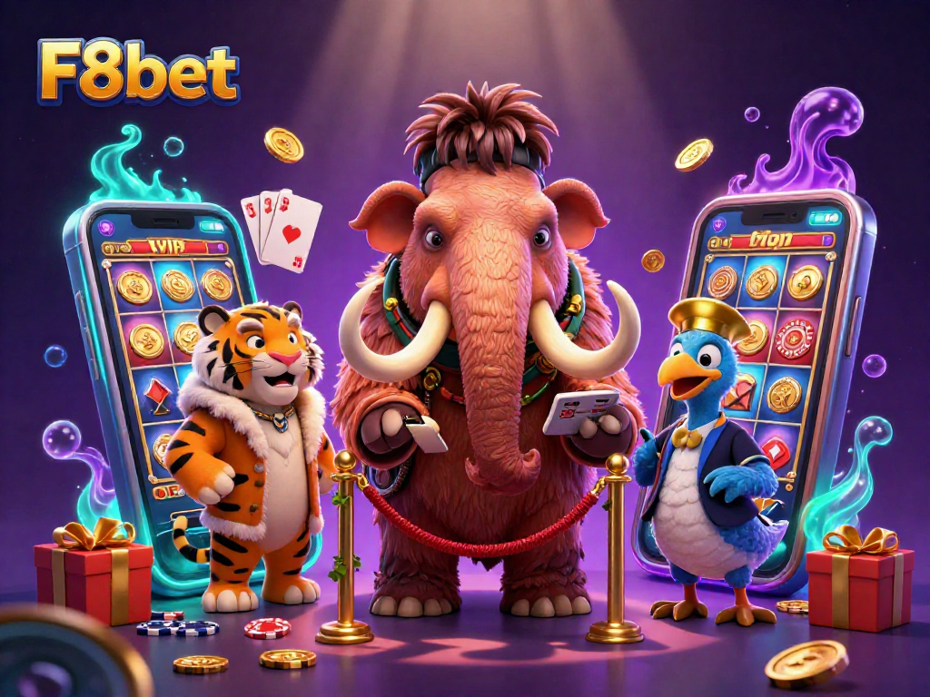 Experience F8bet with a vibrant scene featuring a mammoth bouncer and animated gaming elements.