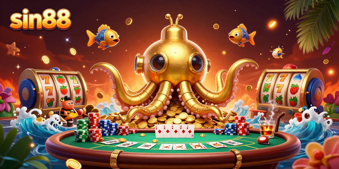 Engage with sin88's vibrant scene featuring golden kraken and slot reels filled with riches.