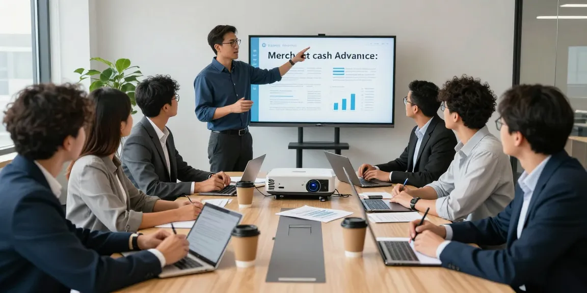 Collaborative team discussing how to get a merchant cash advance in a modern office.