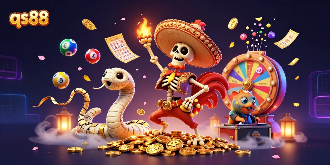 Experience excitement at qs88 with a vibrant 3D casino illustration featuring dynamic characters and game elements.