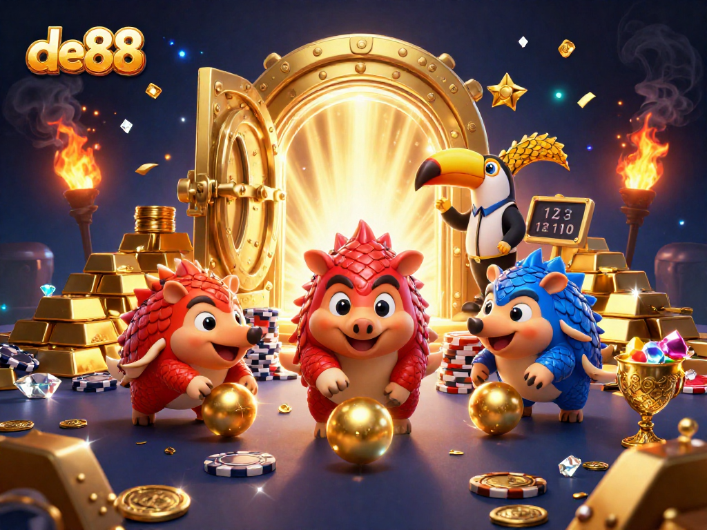 Experience thrilling gaming with de88 as rival pangolins face off in a vibrant casino setting.