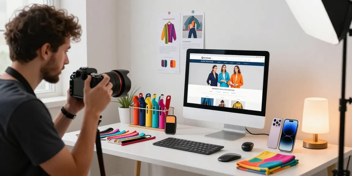 Fotografo professionista che cattura servizi fotografici ecommerce in uno studio vibrante, migliorando le immagini dei prodotti per il retail online.