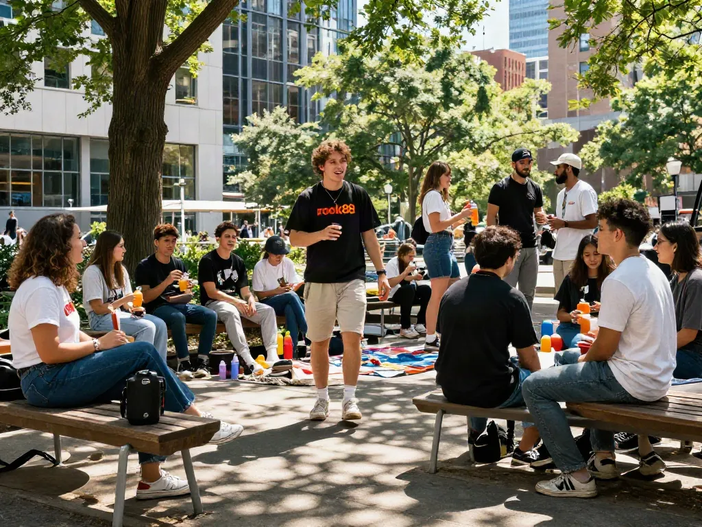 Young adults celebrating with rokok88 apparel in a sunny urban park