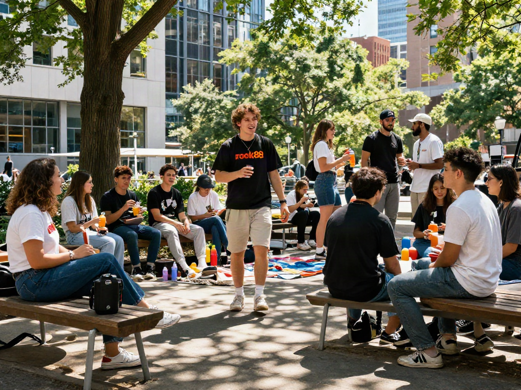 Young adults celebrating with rokok88 apparel in a sunny urban park
