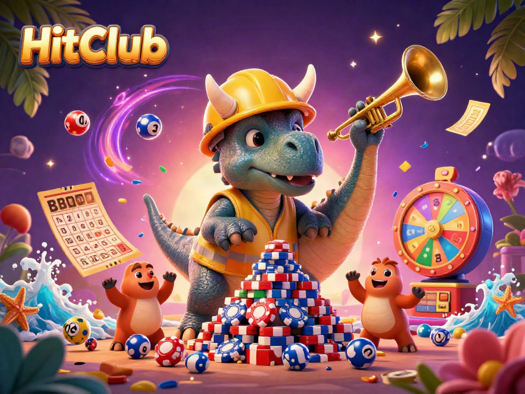HitClub features a triceratops building poker chips, celebrating with vibrant casino elements.