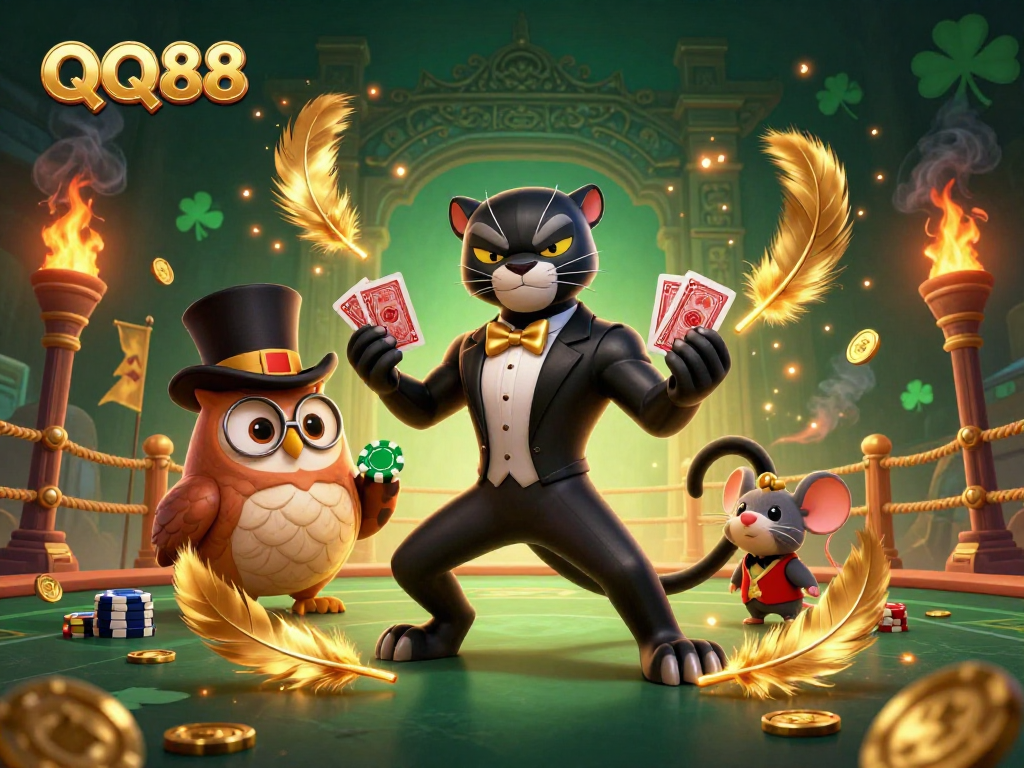 Engage with QQ88's vibrant casino scene featuring a stylish black panther and cartoon characters in a dynamic gaming atmosphere.