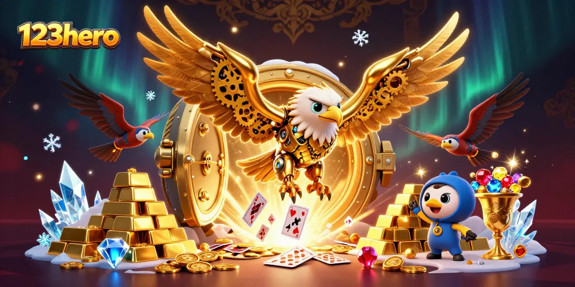 Experience thrilling gameplay and rewards at 123hero with dynamic 3D illustration of a golden eagle and vibrant casino elements.
