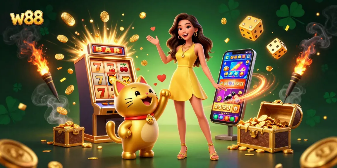 Play vibrant games at w88 with a cheerful woman and a lucky cat amid jackpot excitement.