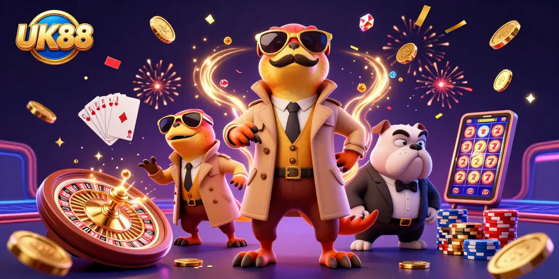 Experience a vibrant UK88 casino scene with 3D raptors amusingly disguised at the entrance.