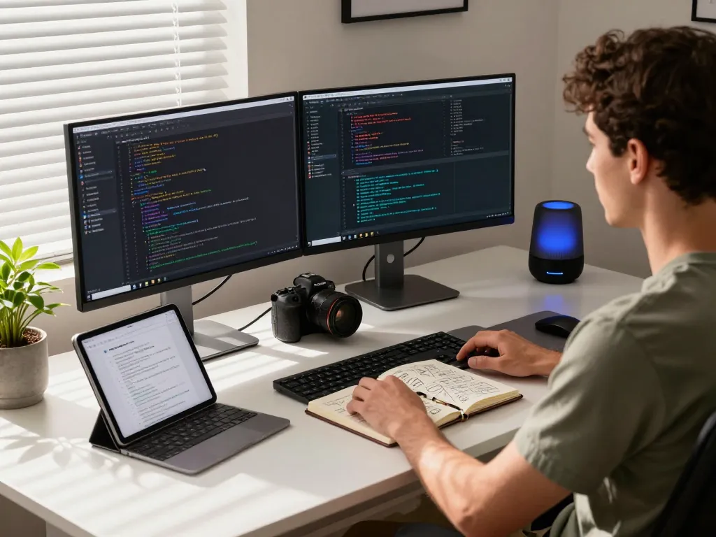 Dynamic workspace showcasing a developer using ClawdBot mac on a contemporary desk with coding displays.