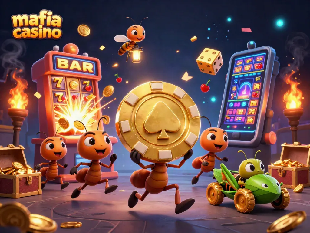 Engaging ants carrying a massive golden poker chip in mafia casino-themed illustration.
