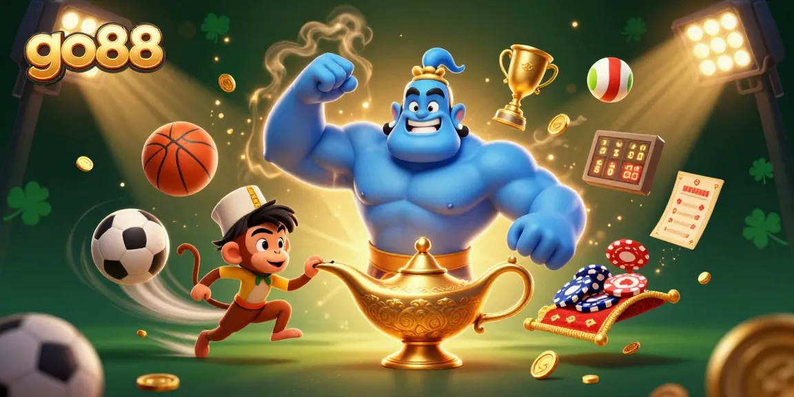 Go88 offers an exciting gambling atmosphere with a genie and sports-themed casino elements.