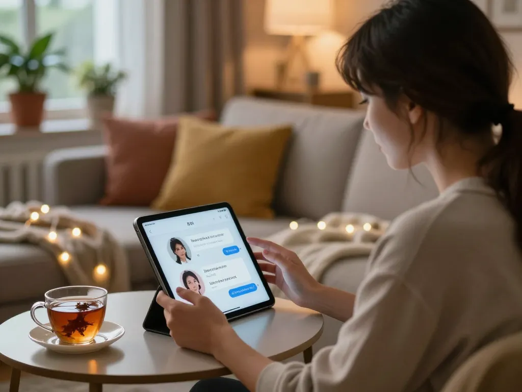 Engaging in sex ai chat on a tablet in a cozy living room.