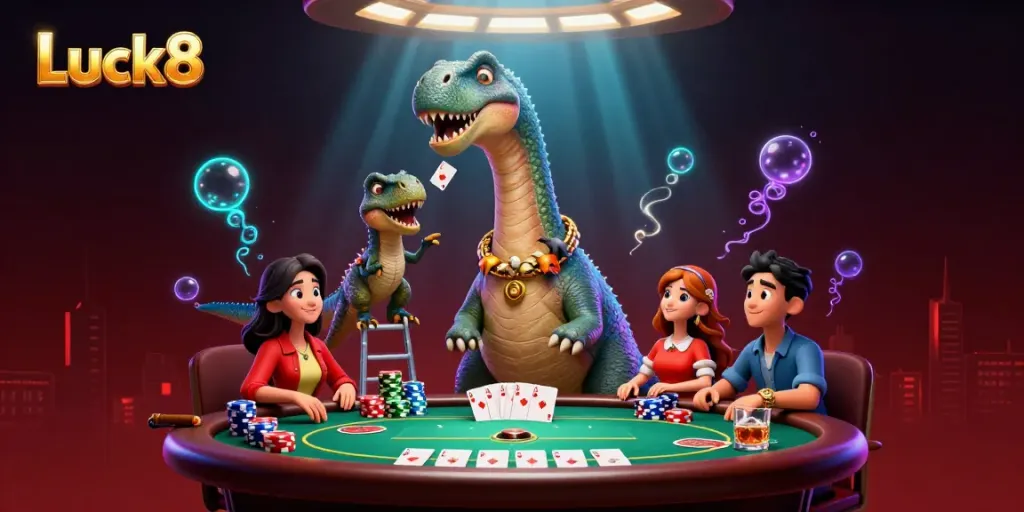 Experience exhilarating gameplay at Luck8 with a vibrant casino scene of a cartoon brontosaurus and clever card dealer.