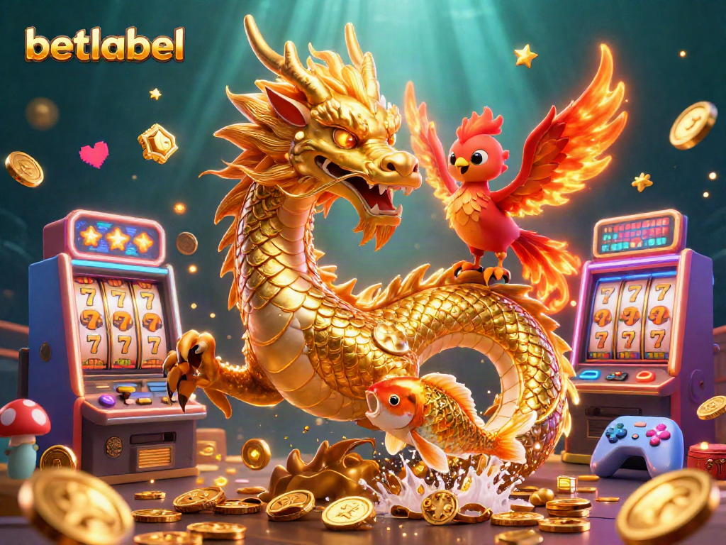 Experience winning excitement at BetLabel Casino with dragon, phoenix, and koi fish surrounded by gold and games.