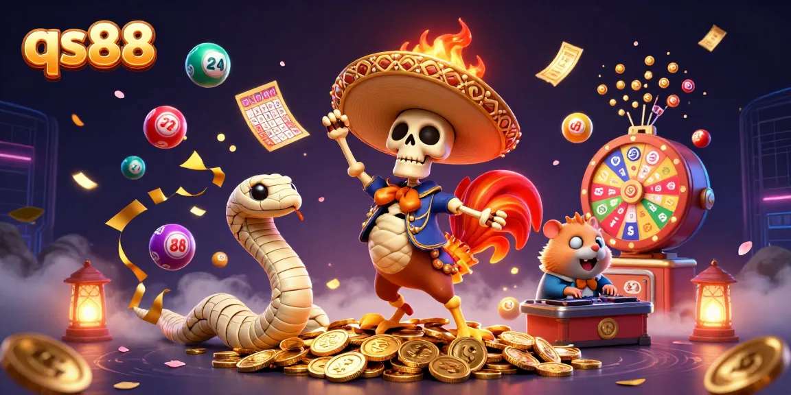 Experience excitement at qs88 with a dynamic 3D casino celebration featuring vibrant characters and games.
