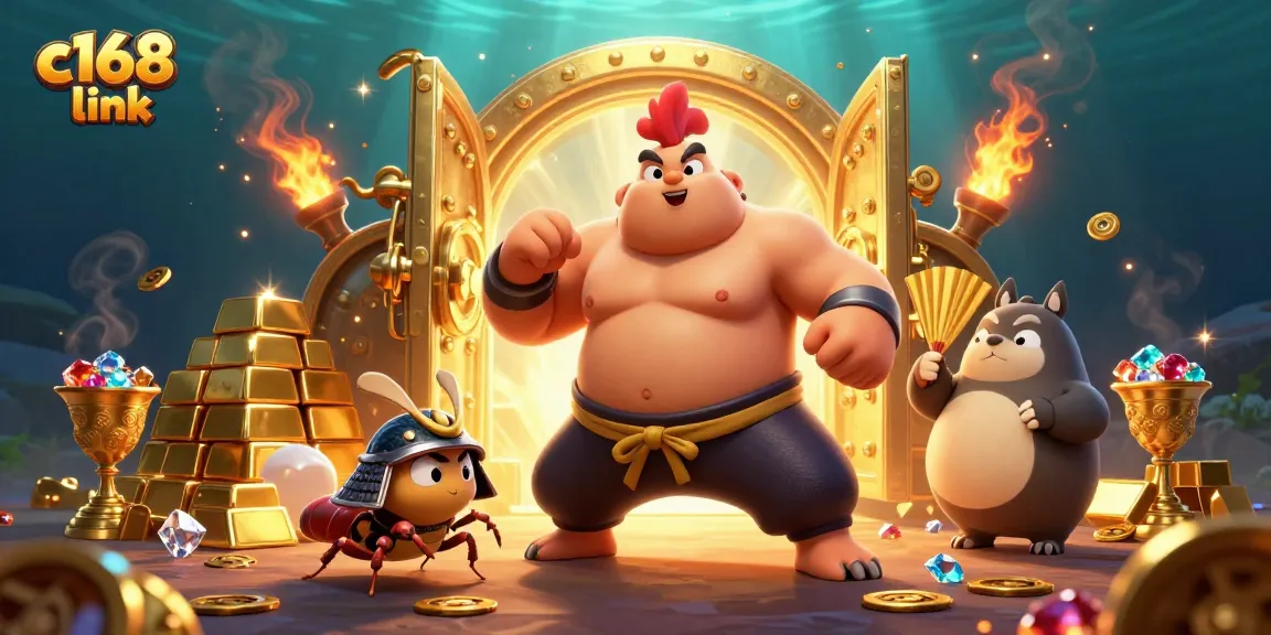 Engage with c168 link through a vibrant casino scene featuring dynamic characters and golden treasures.