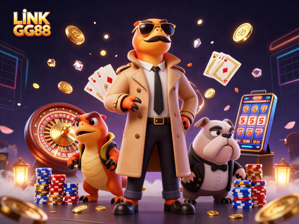 Experience the excitement of LINK GG88 in this vibrant, action-packed casino illustration.